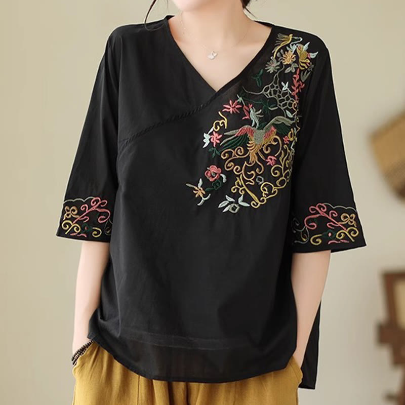 Buddha Stonesカジュアルカラフルな刺繍植物鳥柄レディースVネックデザイン半袖コットンTシャツ - image 14