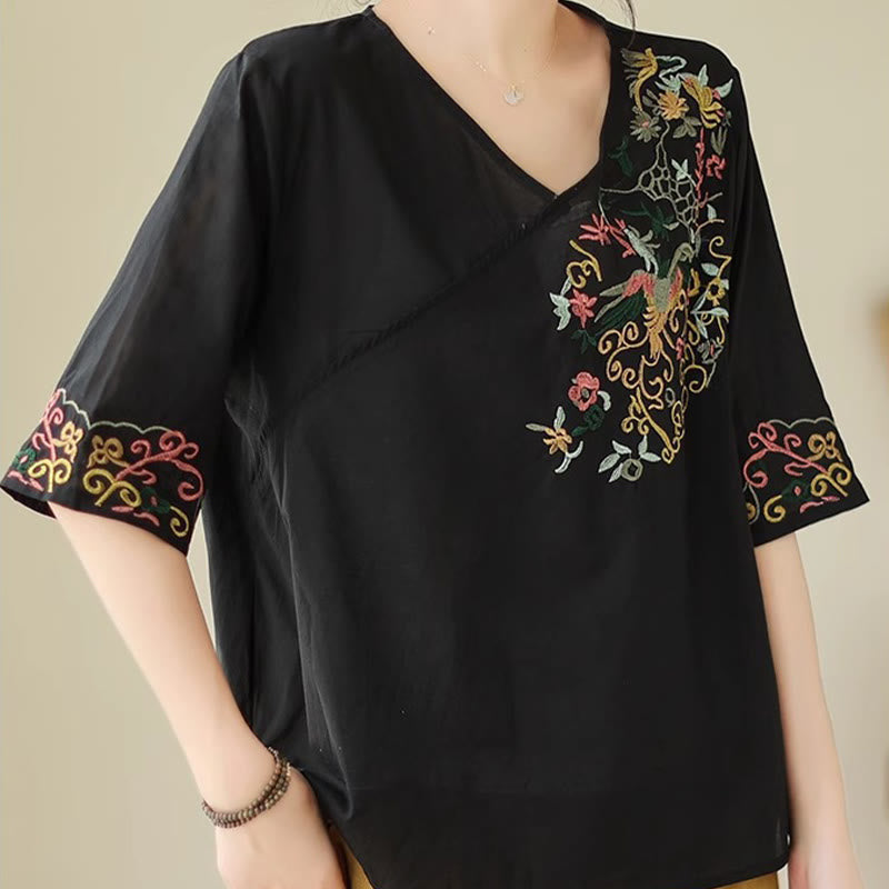 Buddha Stonesカジュアルカラフルな刺繍植物鳥柄レディースVネックデザイン半袖コットンTシャツ - image 15