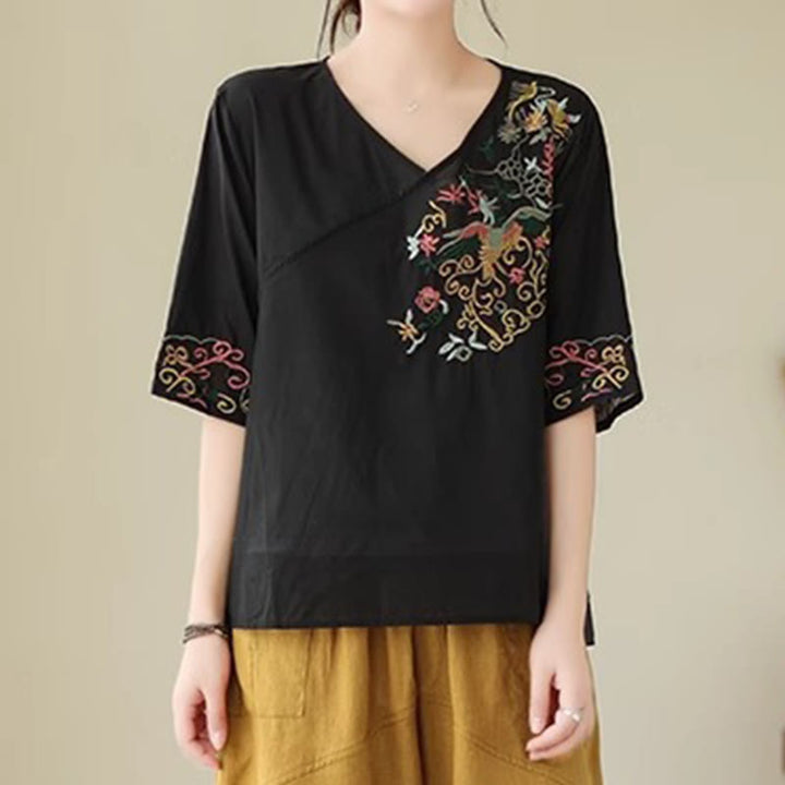 Buddha Stonesカジュアルカラフルな刺繍植物鳥柄レディースVネックデザイン半袖コットンTシャツ - 黒 - US12、 UK/AU16、 EU44 (3XL) - image 11
