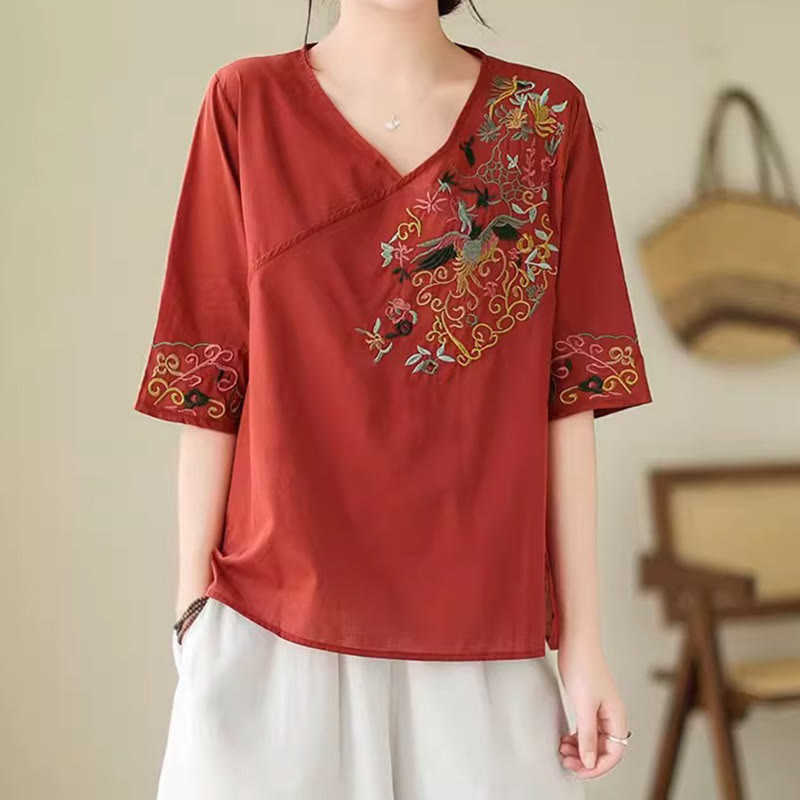 Buddha Stonesカジュアルカラフルな刺繍植物鳥柄レディースVネックデザイン半袖コットンTシャツ - image 17
