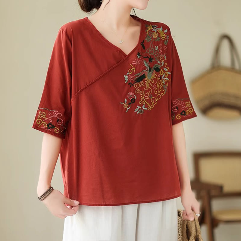 Buddha Stonesカジュアルカラフルな刺繍植物鳥柄レディースVネックデザイン半袖コットンTシャツ - image 18
