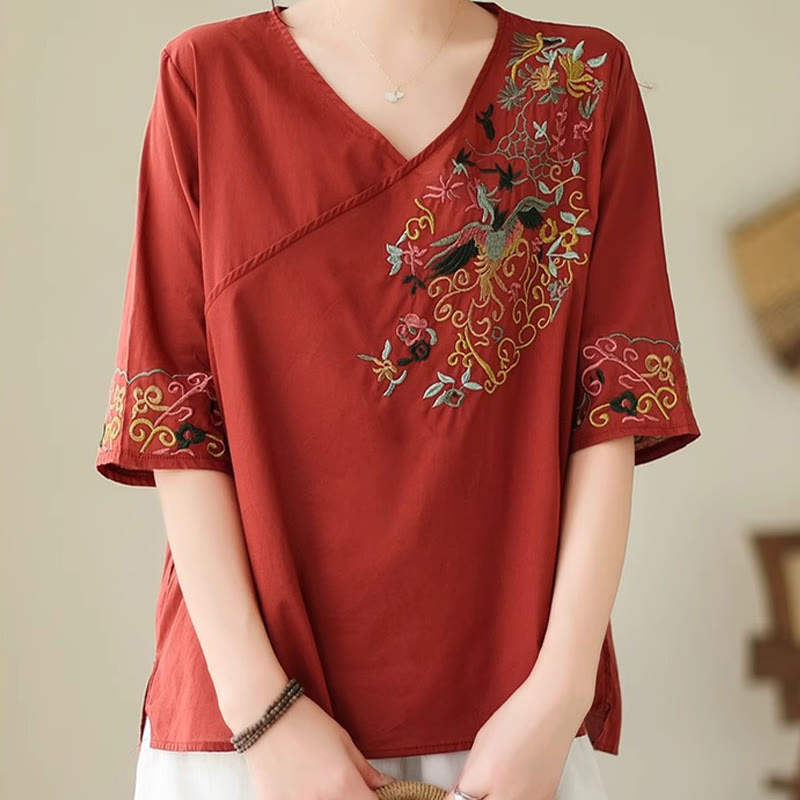 Buddha Stonesカジュアルカラフルな刺繍植物鳥柄レディースVネックデザイン半袖コットンTシャツ - image 19