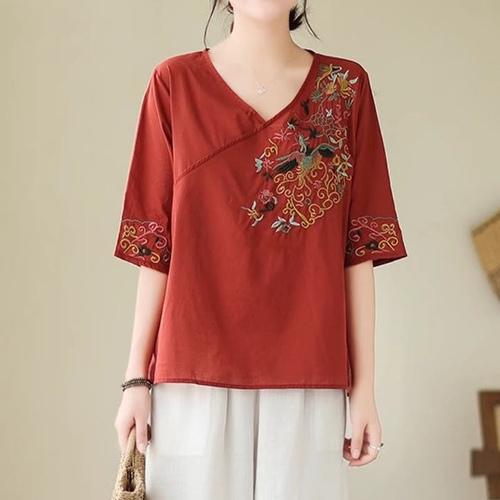 Buddha Stonesカジュアルカラフルな刺繍植物鳥柄レディースVネックデザイン半袖コットンTシャツ - ファイアブリック - US12、 UK/AU16、 EU44 (3XL) - image 16