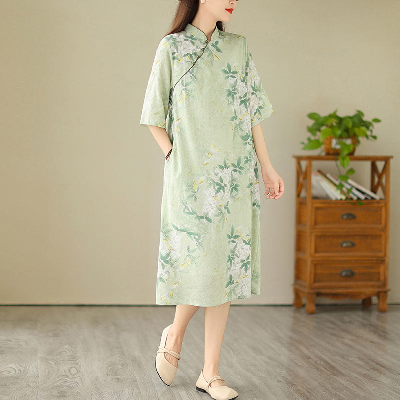 Buddha Stonesの花柄ジャカードコットンリネンチャイナドレス（半袖）ポケット付き - image 5