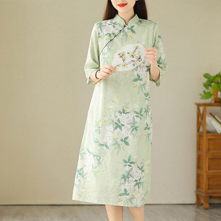 Buddha Stonesの花柄ジャカードコットンリネンチャイナドレス（半袖）ポケット付き - image 3