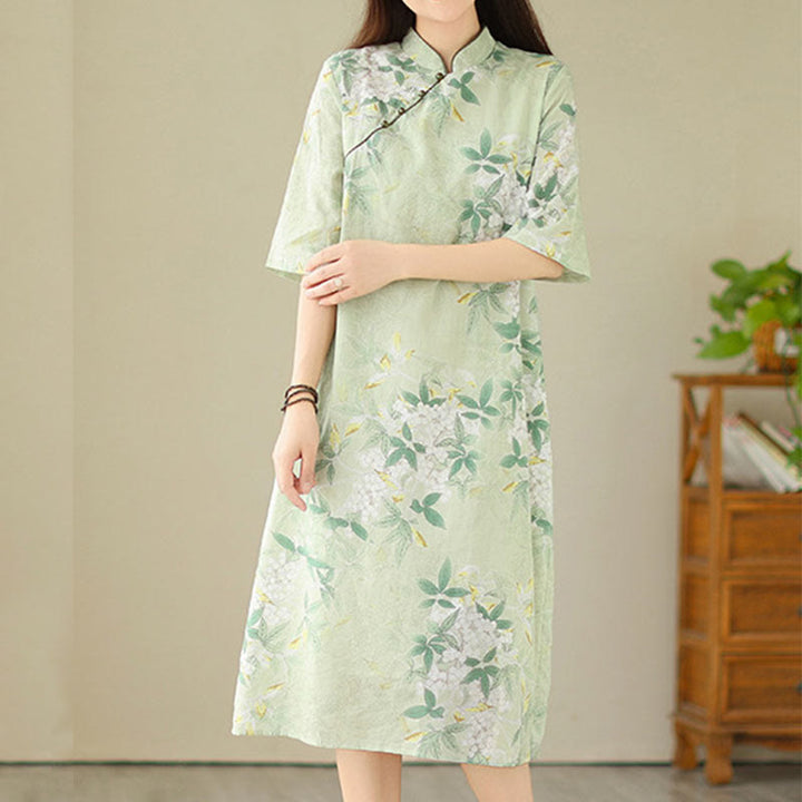 Buddha Stonesの花柄ジャカードコットンリネンチャイナドレス（半袖）ポケット付き - image 4