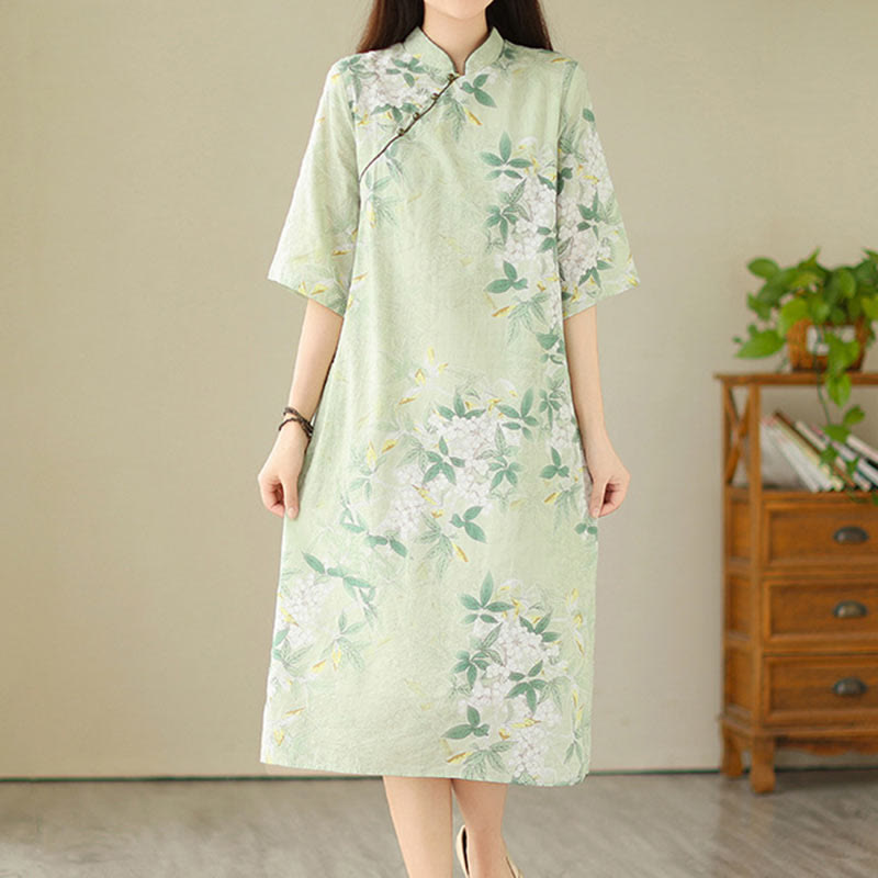Buddha Stonesの花柄ジャカードコットンリネンチャイナドレス（半袖）ポケット付き - image 2