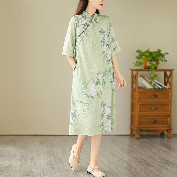 Buddha Stonesの花柄ジャカードコットンリネンチャイナドレス（半袖）ポケット付き - image 5