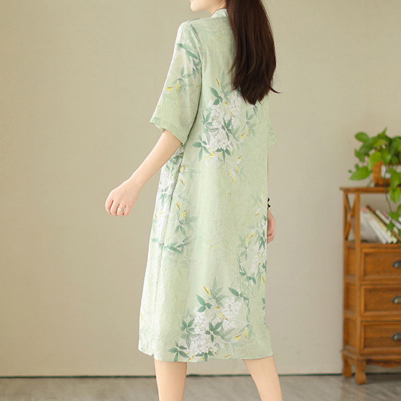 Buddha Stonesの花柄ジャカードコットンリネンチャイナドレス（半袖）ポケット付き - image 1