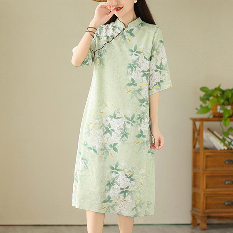 Buddha Stonesの花柄ジャカードコットンリネンチャイナドレス（半袖）ポケット付き - ペールグリーン - US8-10，UK/AU12-14，EU40-42 (2XL) - image 0