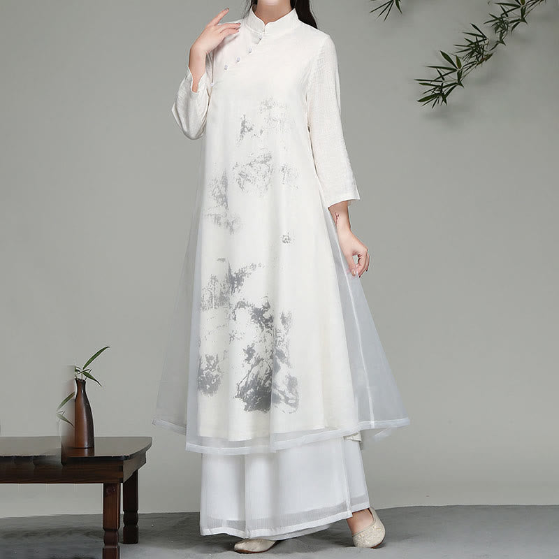 Buddha Stonesの中国風フロッグボタンデザイン長袖シフォンミディドレス