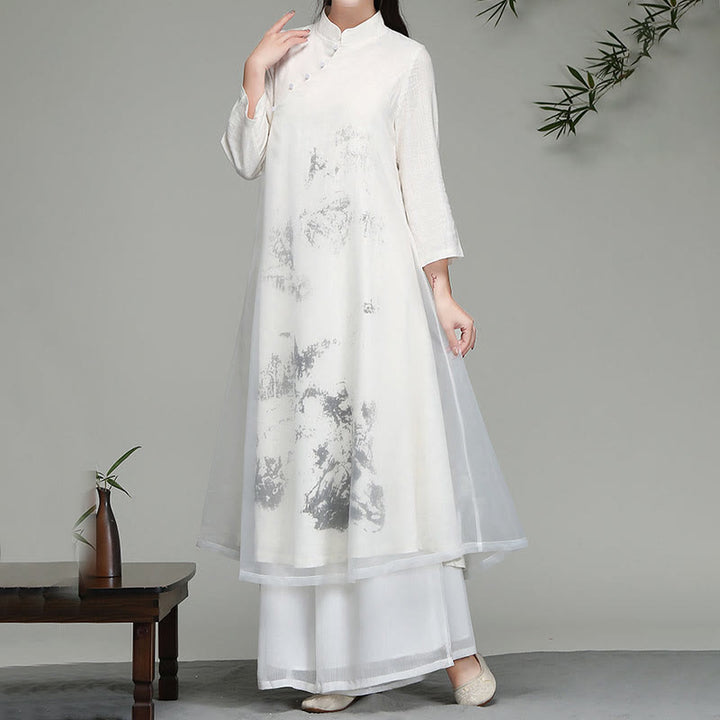 Buddha Stonesの中国風フロッグボタンデザイン長袖シフォンミディドレス