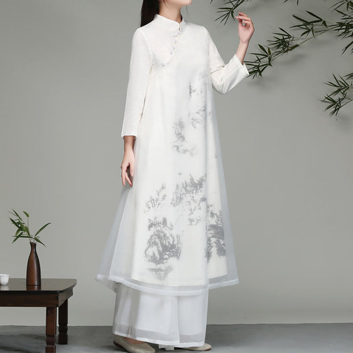 Buddha Stonesの中国風フロッグボタンデザイン長袖シフォンミディドレス - image 5