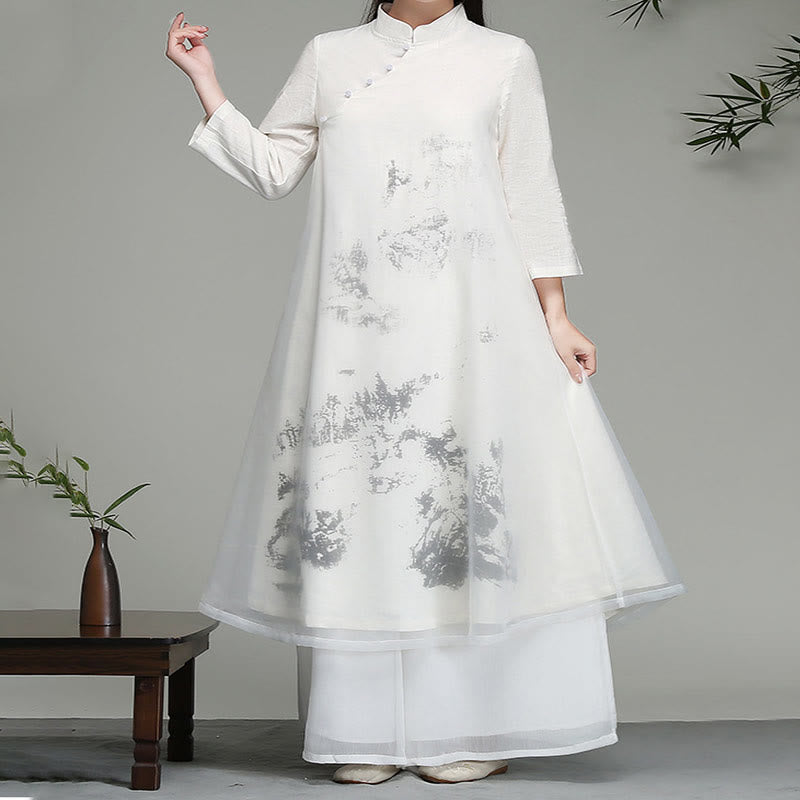 Buddha Stonesの中国風フロッグボタンデザイン長袖シフォンミディドレス
