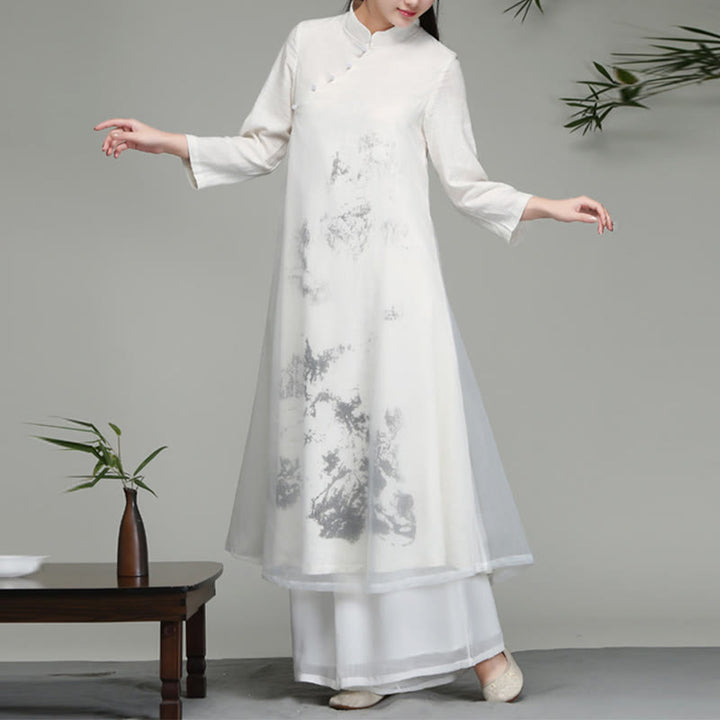 Buddha Stonesの中国風フロッグボタンデザイン長袖シフォンミディドレス