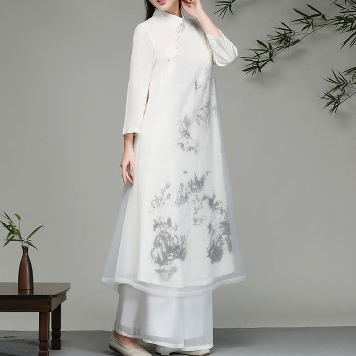 Buddha Stonesの中国風フロッグボタンデザイン長袖シフォンミディドレス