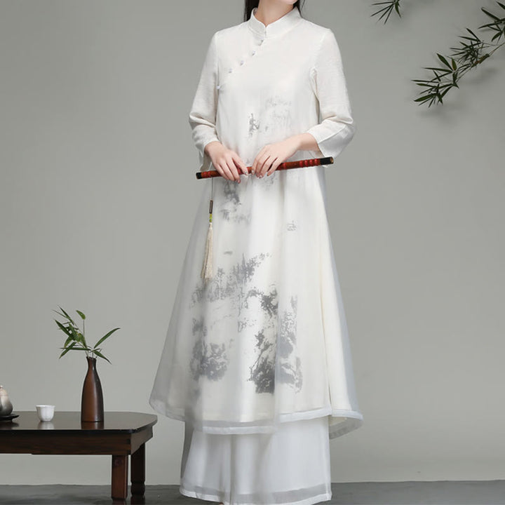 Buddha Stonesの中国風フロッグボタンデザイン長袖シフォンミディドレス
