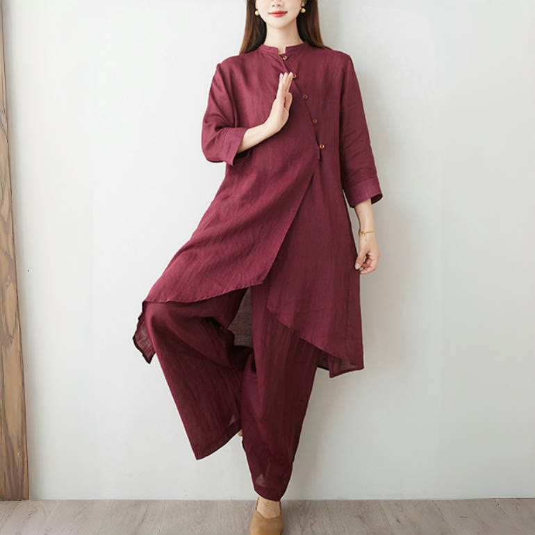Buddha Stones 2点セット 七分袖シャツ トップパンツ 瞑想 禅 太極拳 コットンリネン 衣類 レディース セット - image 1