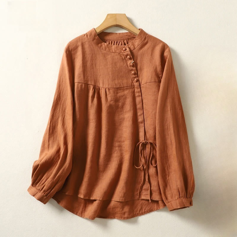 Buddha Stones秋 カジュアル 無地 スタンドカラー 長袖 コットンリネン レディース シャツ - image 2