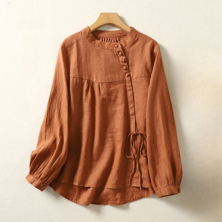 Buddha Stones秋 カジュアル 無地 スタンドカラー 長袖 コットンリネン レディース シャツ - image 1