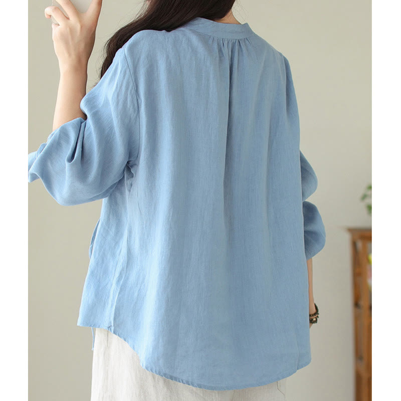 Buddha Stones秋 カジュアル 無地 スタンドカラー 長袖 コットンリネン レディース シャツ - image 12