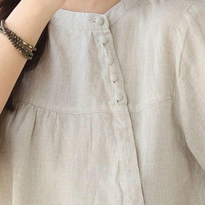 Buddha Stones秋 カジュアル 無地 スタンドカラー 長袖 コットンリネン レディース シャツ - image 20