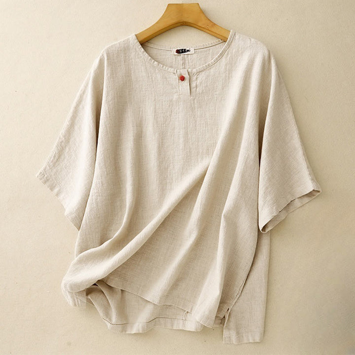 Buddha Stonesカジュアル 無地 レディース クルーネックデザイン ゆったり 半袖 コットンリネン Tシャツ