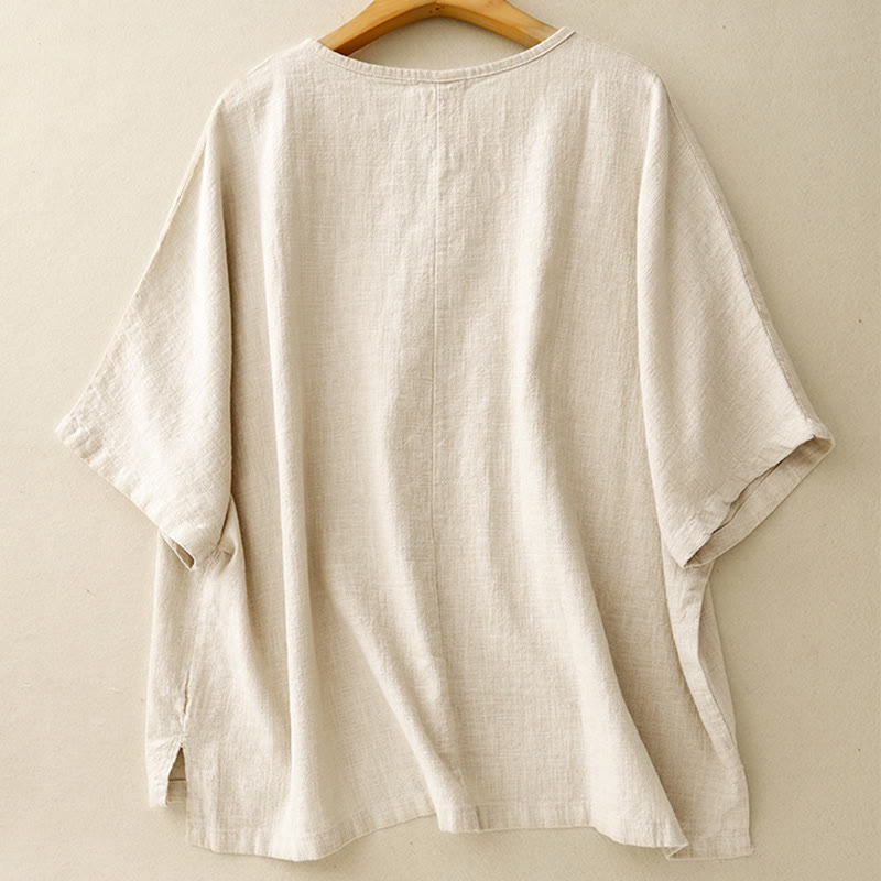 Buddha Stonesカジュアル 無地 レディース クルーネックデザイン ゆったり 半袖 コットンリネン Tシャツ