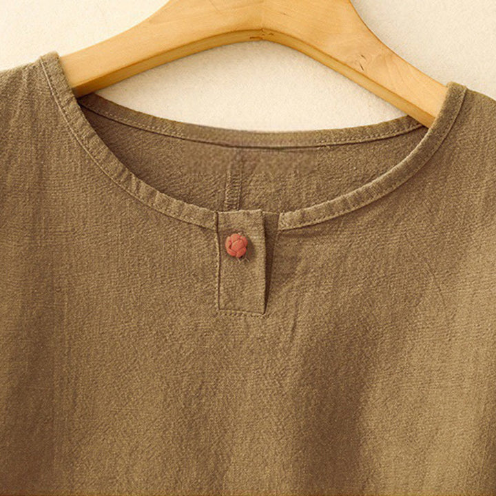 Buddha Stonesカジュアル 無地 レディース クルーネックデザイン ゆったり 半袖 コットンリネン Tシャツ