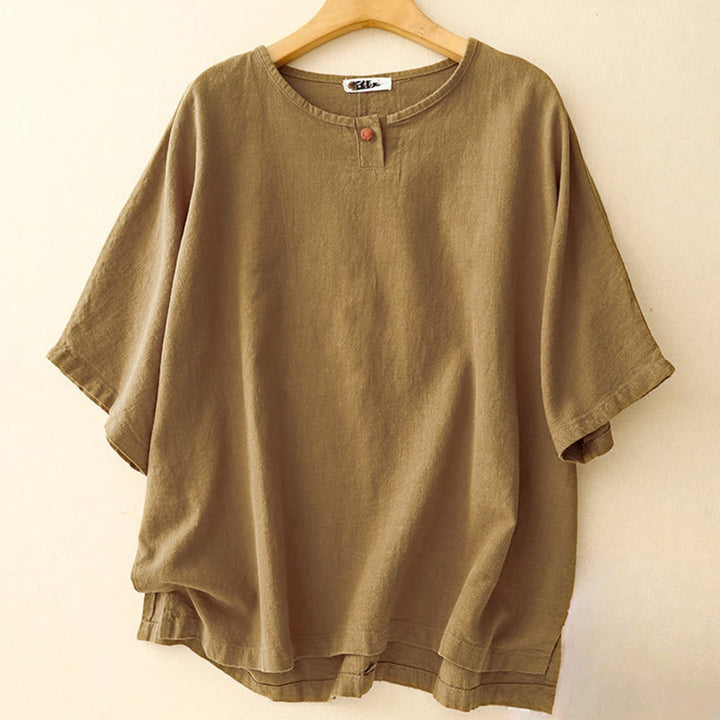 Buddha Stonesカジュアル 無地 レディース クルーネックデザイン ゆったり 半袖 コットンリネン Tシャツ