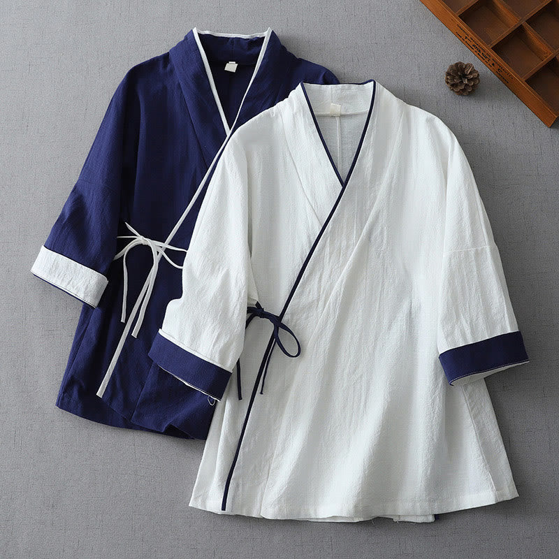 Buddha Stonesカジュアルカラーステッチ Vネック 七分袖 禅コットンリネン レディースシャツ - image 11