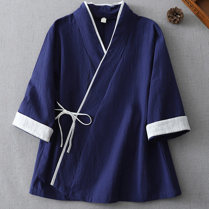 Buddha Stonesカジュアルカラーステッチ Vネック 七分袖 禅コットンリネン レディースシャツ - 海軍 - US8-10，UK/AU12-14，EU40-42 (2XL) - image 0