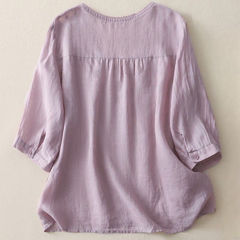 Buddha Stonesカジュアル シューティングスター 刺繍 Vネック 半袖 コットンリネン レディース シャツ - image 2