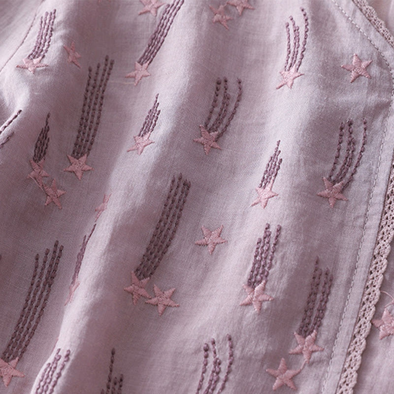 Buddha Stonesカジュアル シューティングスター 刺繍 Vネック 半袖 コットンリネン レディース シャツ - image 5