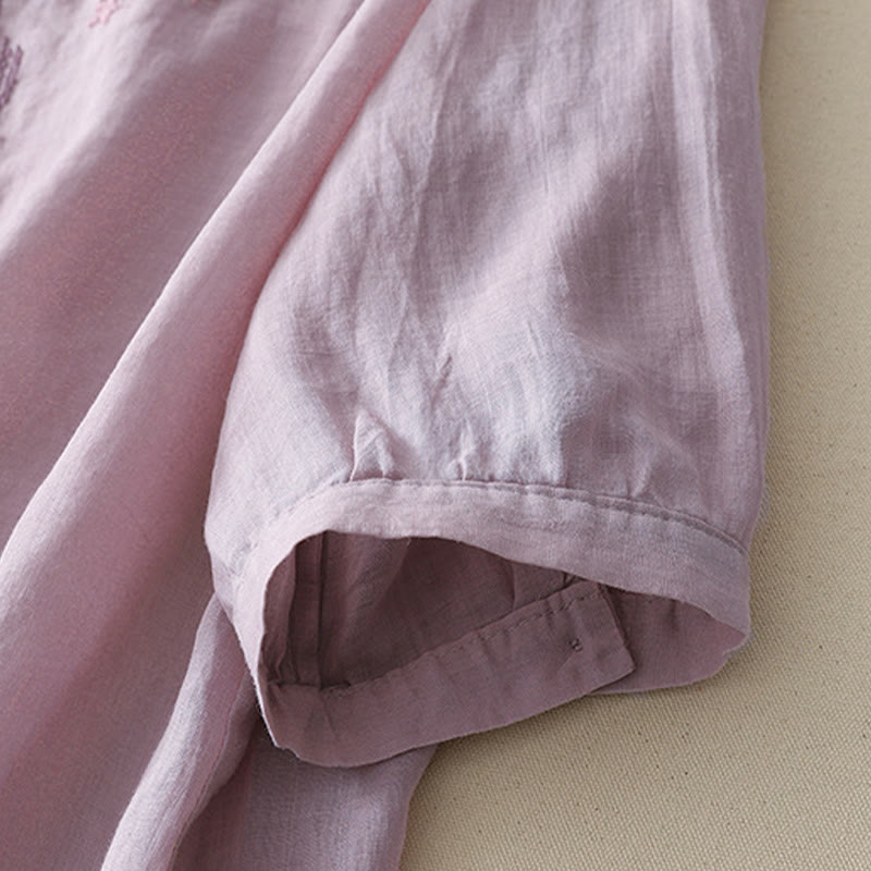 Buddha Stonesカジュアル シューティングスター 刺繍 Vネック 半袖 コットンリネン レディース シャツ - image 3