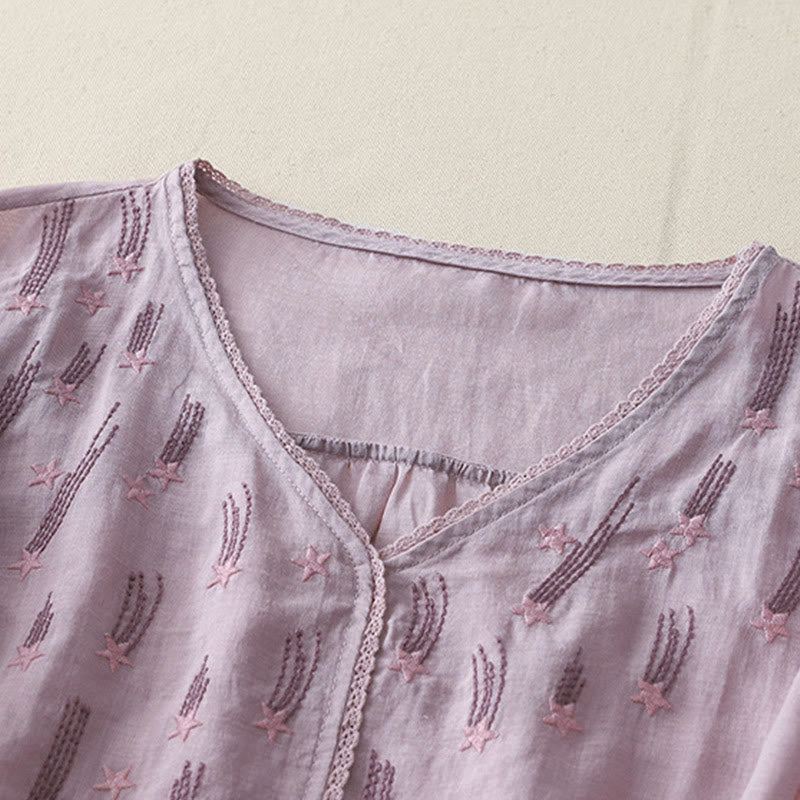 Buddha Stonesカジュアル シューティングスター 刺繍 Vネック 半袖 コットンリネン レディース シャツ - image 1