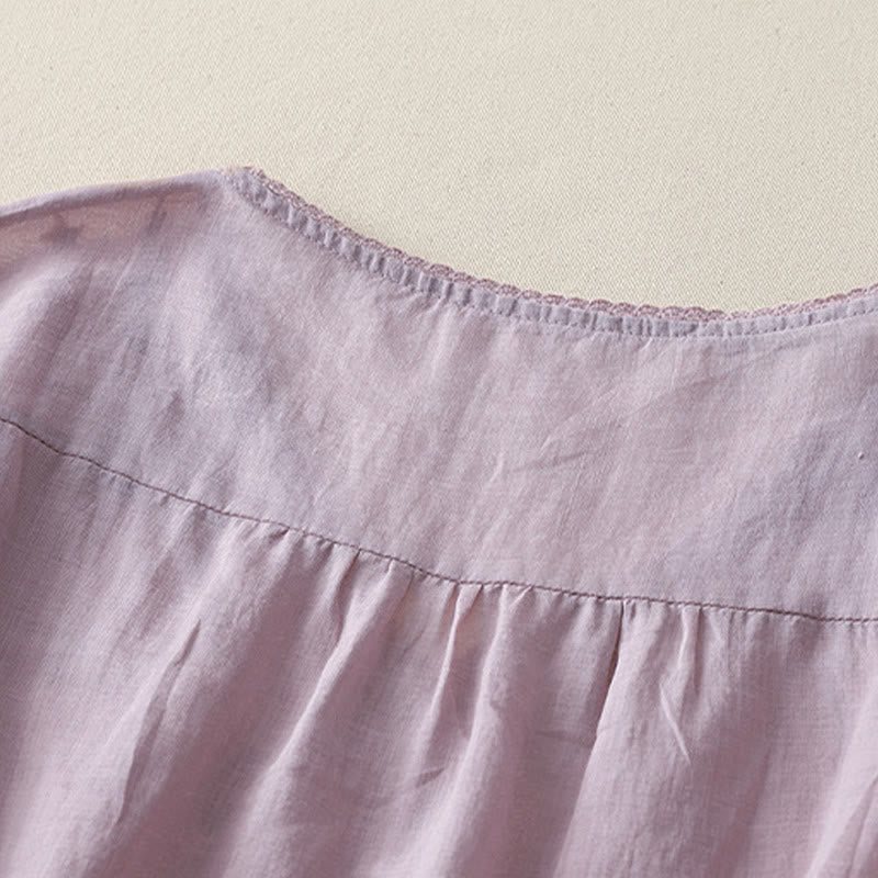 Buddha Stonesカジュアル シューティングスター 刺繍 Vネック 半袖 コットンリネン レディース シャツ - image 4