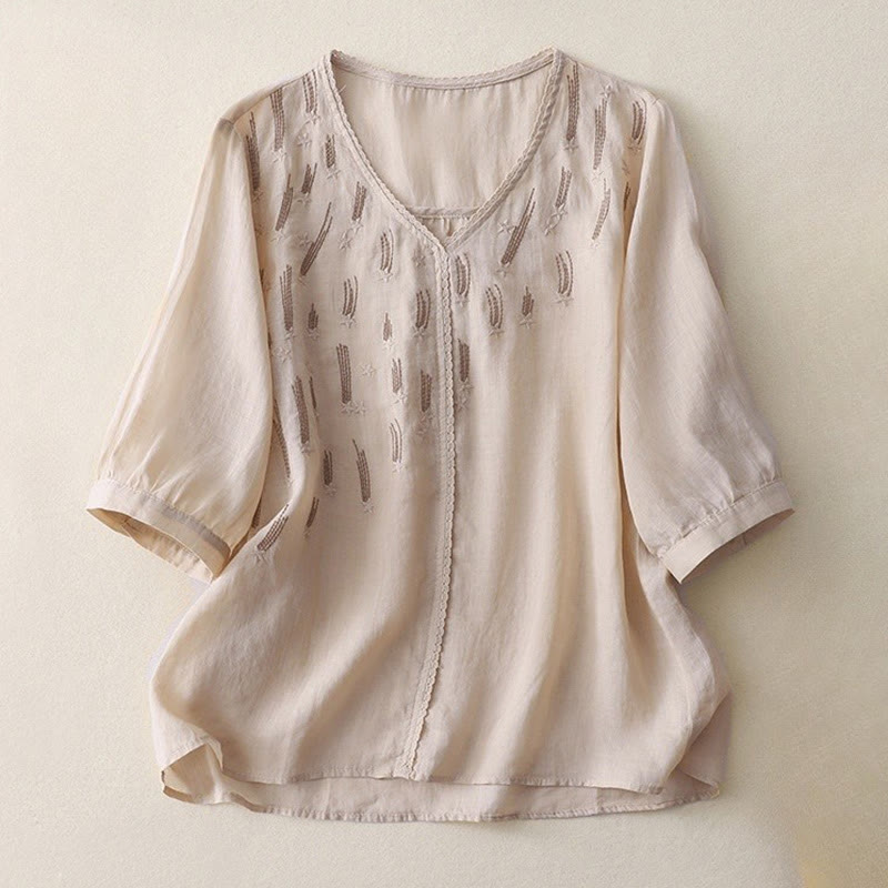 Buddha Stonesカジュアル シューティングスター 刺繍 Vネック 半袖 コットンリネン レディース シャツ - ベージュ - US8-10，UK/AU12-14，EU40-42 (2XL) - image 14