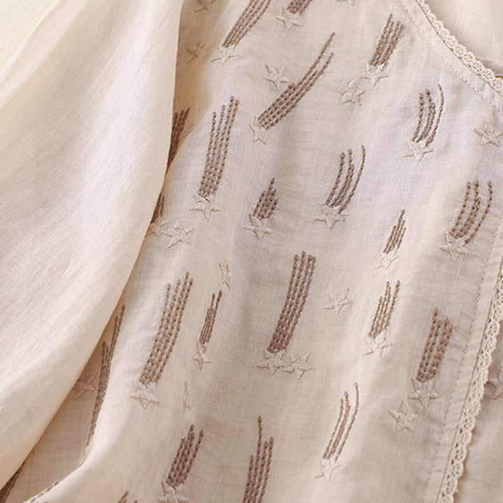 Buddha Stonesカジュアル シューティングスター 刺繍 Vネック 半袖 コットンリネン レディース シャツ - image 15