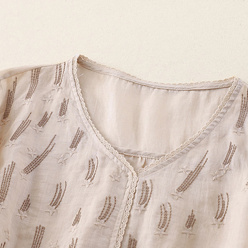 Buddha Stonesカジュアル シューティングスター 刺繍 Vネック 半袖 コットンリネン レディース シャツ - image 18