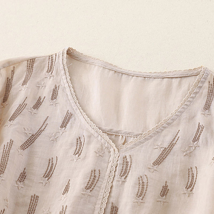 Buddha Stonesカジュアル シューティングスター 刺繍 Vネック 半袖 コットンリネン レディース シャツ - image 18