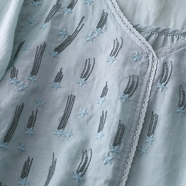 Buddha Stonesカジュアル シューティングスター 刺繍 Vネック 半袖 コットンリネン レディース シャツ - image 21