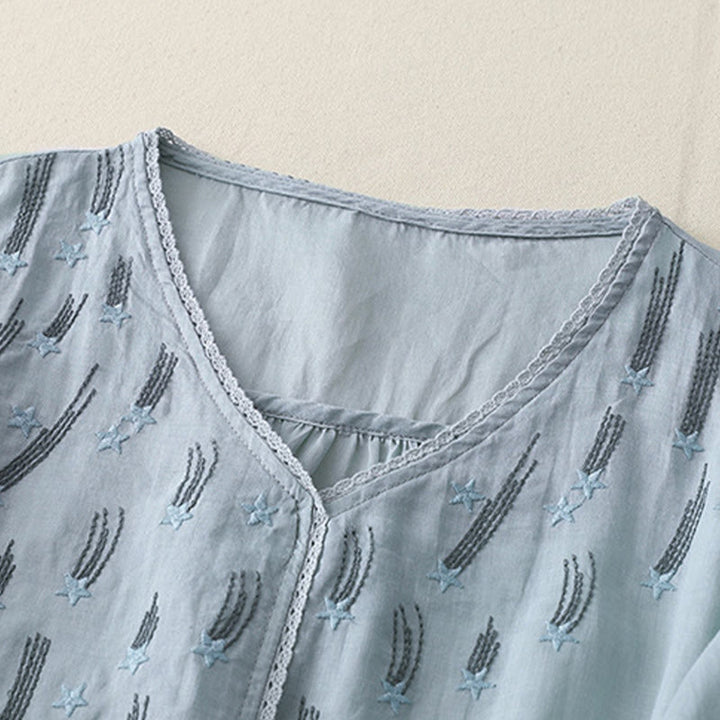 Buddha Stonesカジュアル シューティングスター 刺繍 Vネック 半袖 コットンリネン レディース シャツ