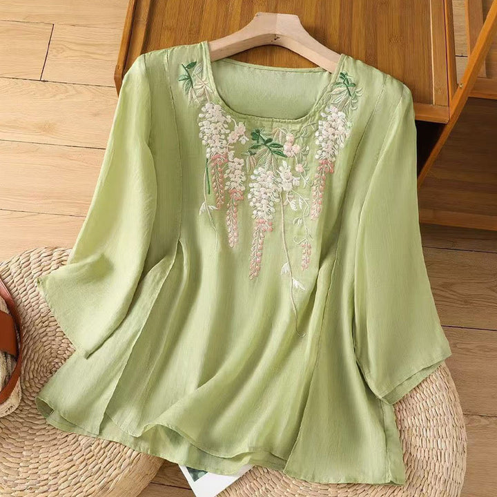 Buddha Stonesカジュアル 刺繍 花柄 レディース クルーネックデザイン 七分袖 コットンリネン Tシャツ