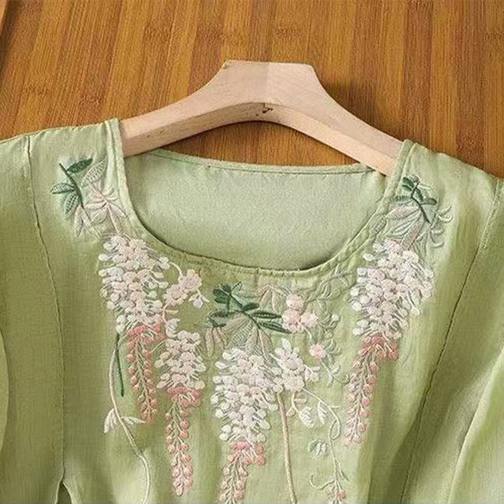 Buddha Stonesカジュアル 刺繍 花柄 レディース クルーネックデザイン 七分袖 コットンリネン Tシャツ