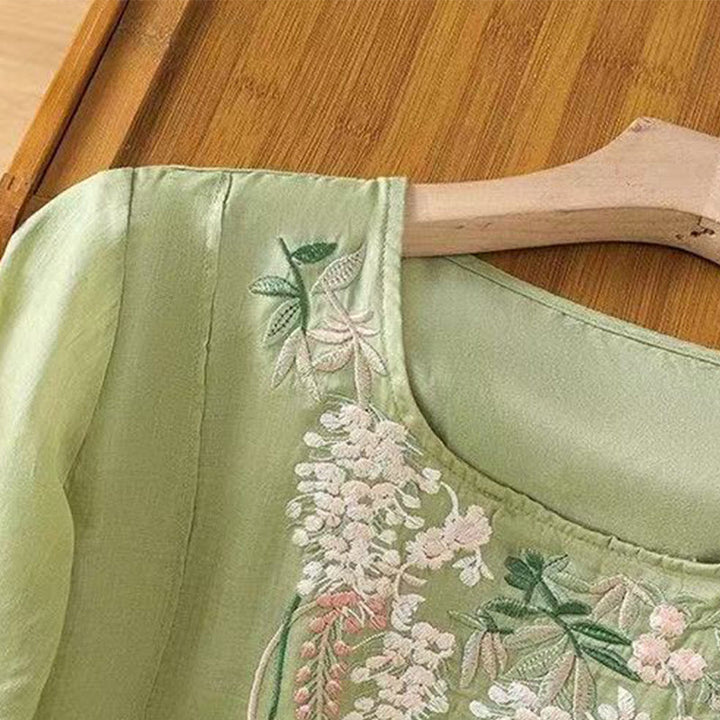 Buddha Stonesカジュアル 刺繍 花柄 レディース クルーネックデザイン 七分袖 コットンリネン Tシャツ
