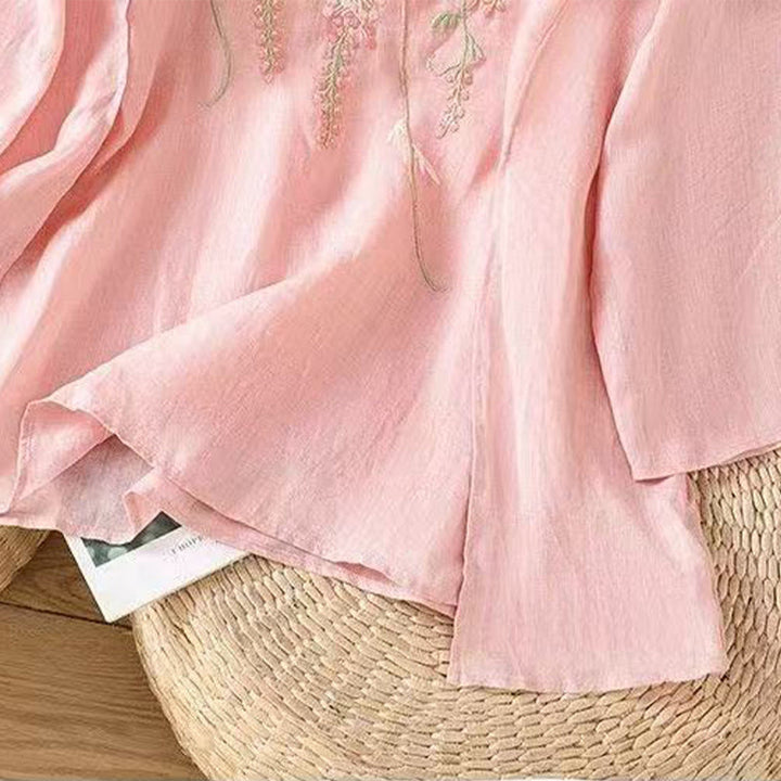 Buddha Stonesカジュアル 刺繍 花柄 レディース クルーネックデザイン 七分袖 コットンリネン Tシャツ