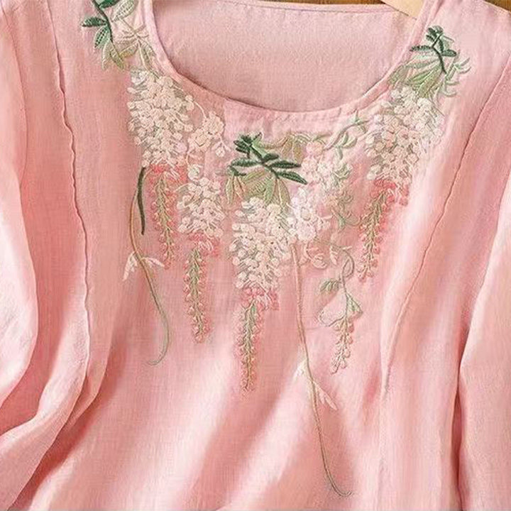 Buddha Stonesカジュアル 刺繍 花柄 レディース クルーネックデザイン 七分袖 コットンリネン Tシャツ