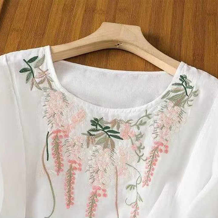 Buddha Stonesカジュアル 刺繍 花柄 レディース クルーネックデザイン 七分袖 コットンリネン Tシャツ