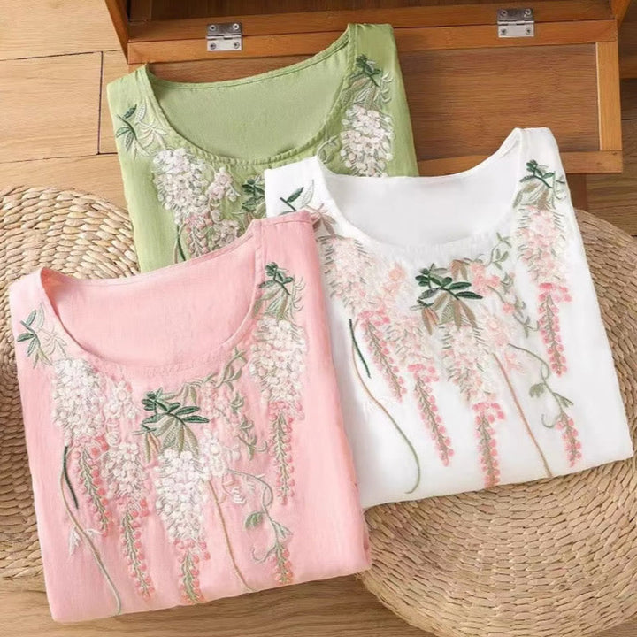 Buddha Stonesカジュアル 刺繍 花柄 レディース クルーネックデザイン 七分袖 コットンリネン Tシャツ
